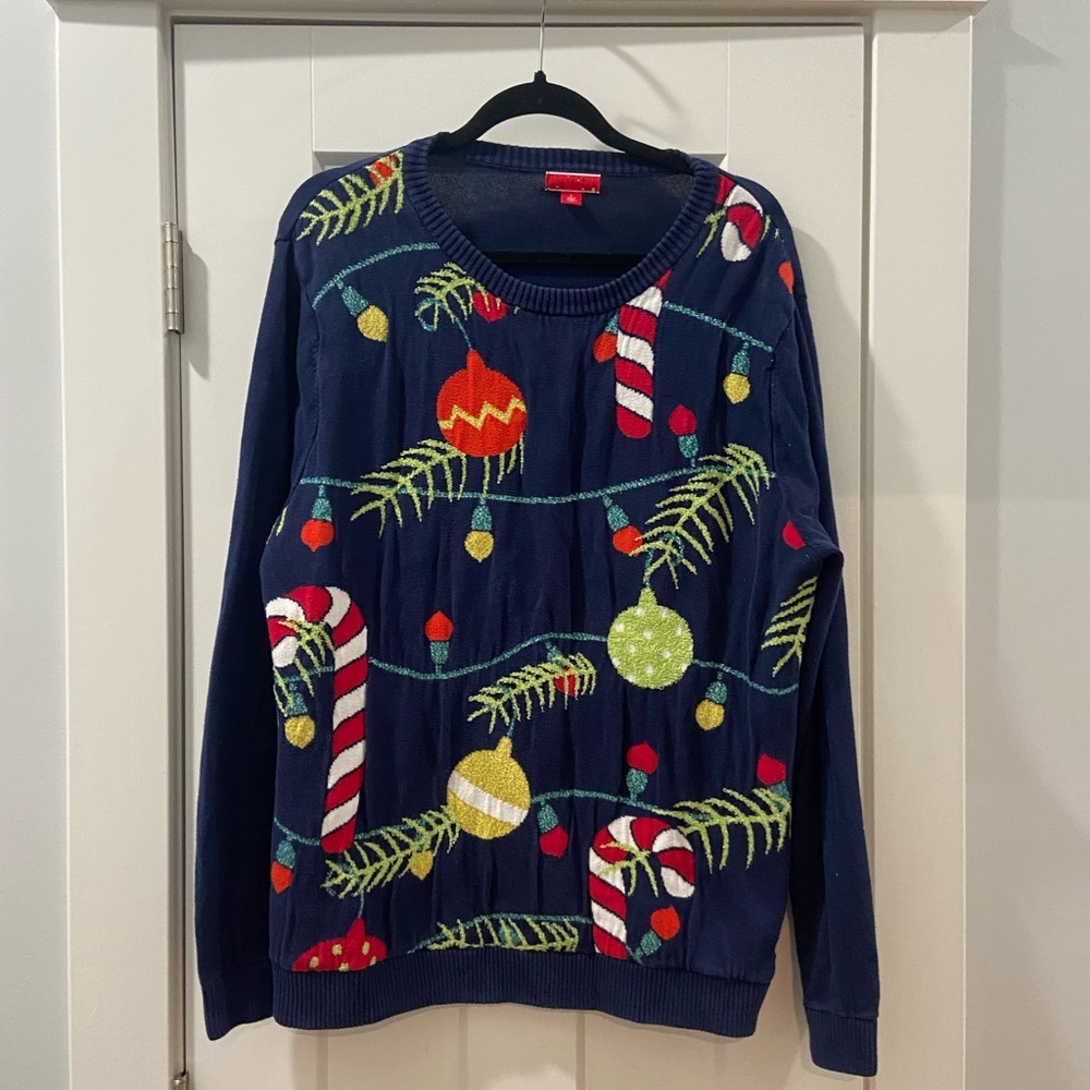 Target Ugly Christmas Sweater fuzzy ornaments Candy canes Xmas lights size large
